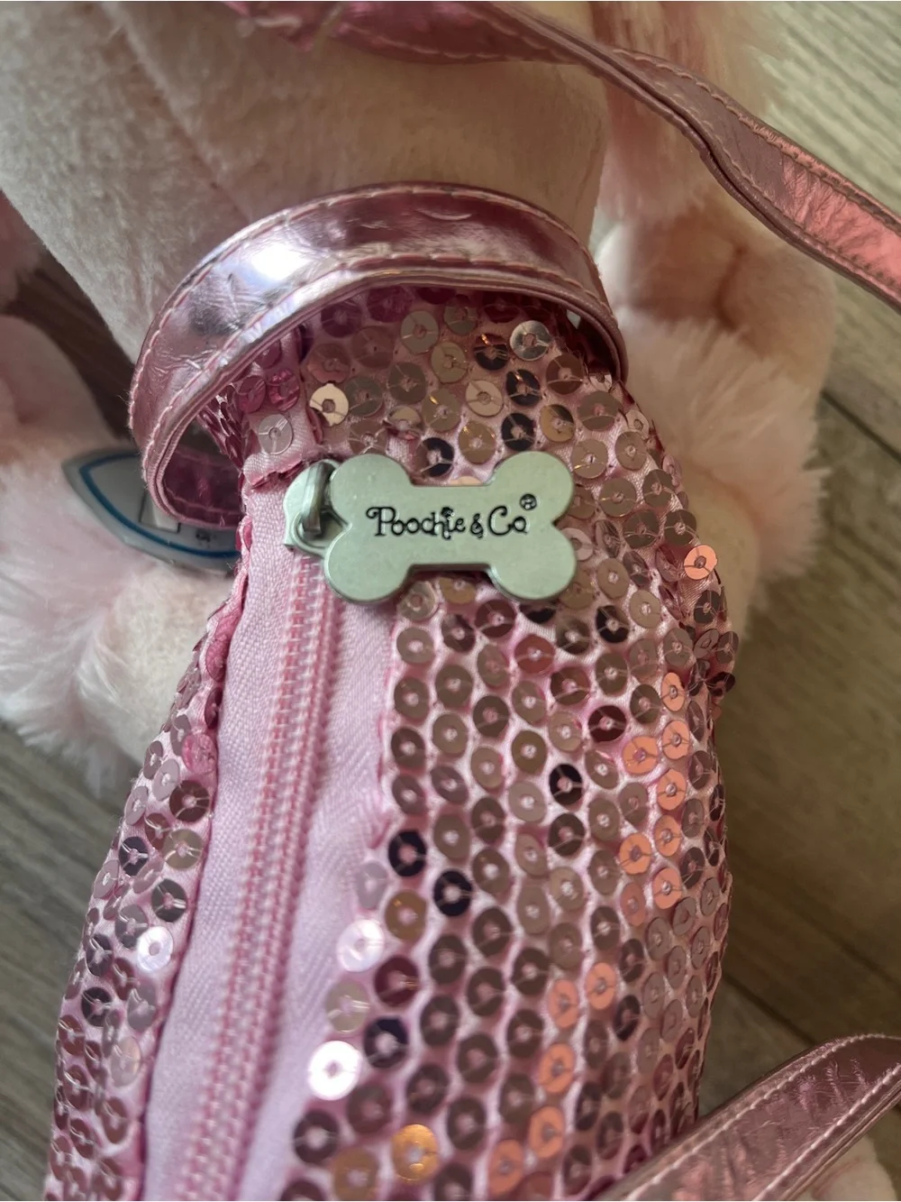 Poochie & Co. Bubblegum Pink Plush Poodle Purse with Sequins. Zips open EC